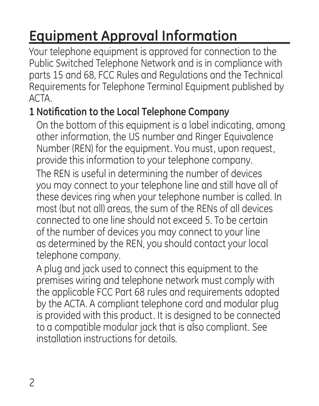 GE 29111 Series manual Equipment Approval Information, Notification to the Local Telephone Company 