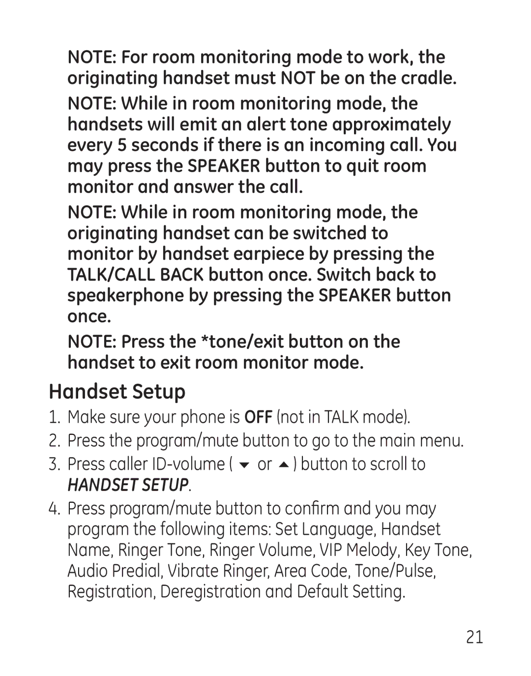 GE 29111 Series manual Handset Setup 