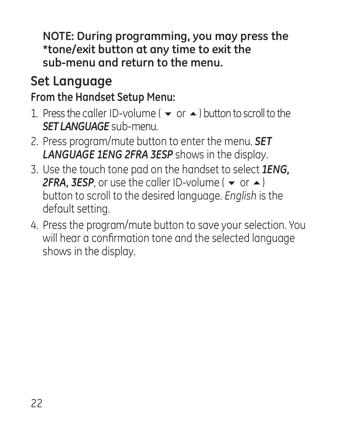 GE 29111 Series manual Set Language, From the Handset Setup Menu 