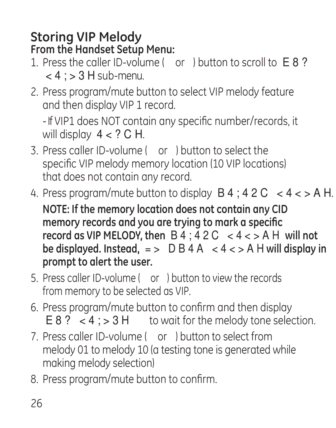 GE 29111 Series manual Storing VIP Melody 