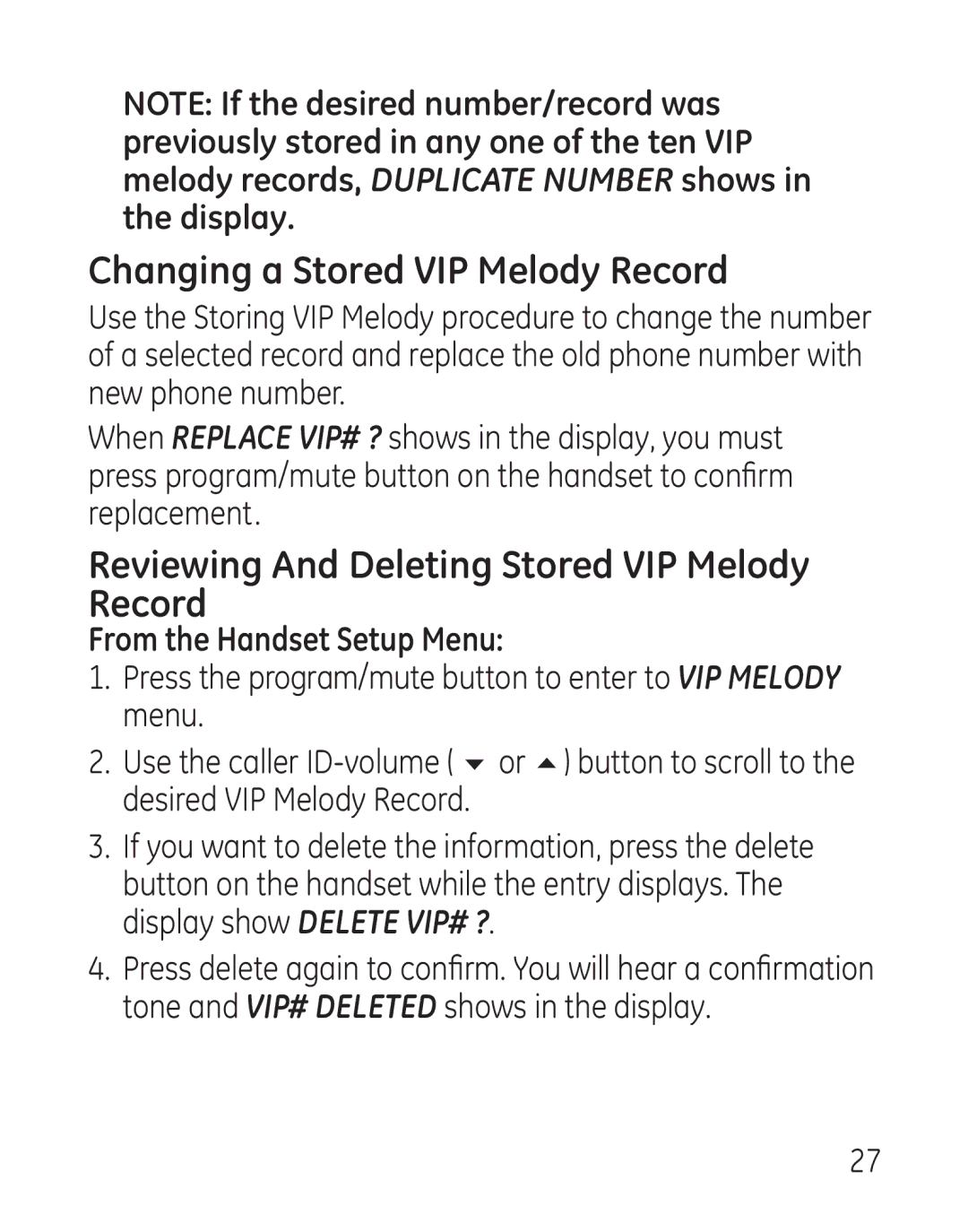 GE 29111 Series manual Changing a Stored VIP Melody Record, Reviewing And Deleting Stored VIP Melody Record 