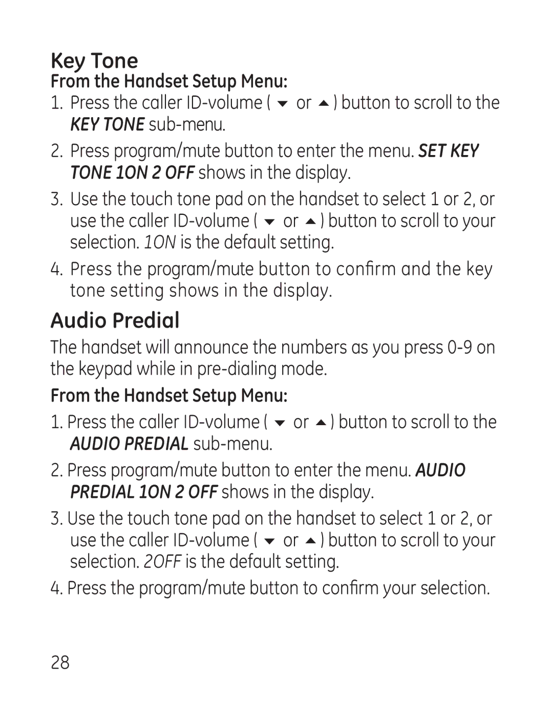 GE 29111 Series manual Key Tone, Audio Predial 