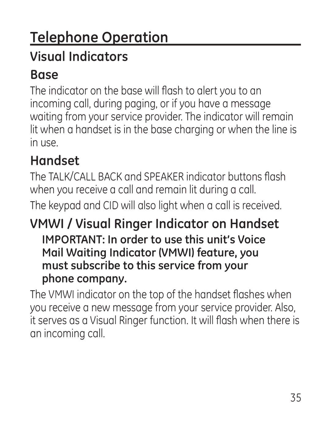 GE 29111 Series manual Telephone Operation, Visual Indicators Base, Vmwi / Visual Ringer Indicator on Handset 