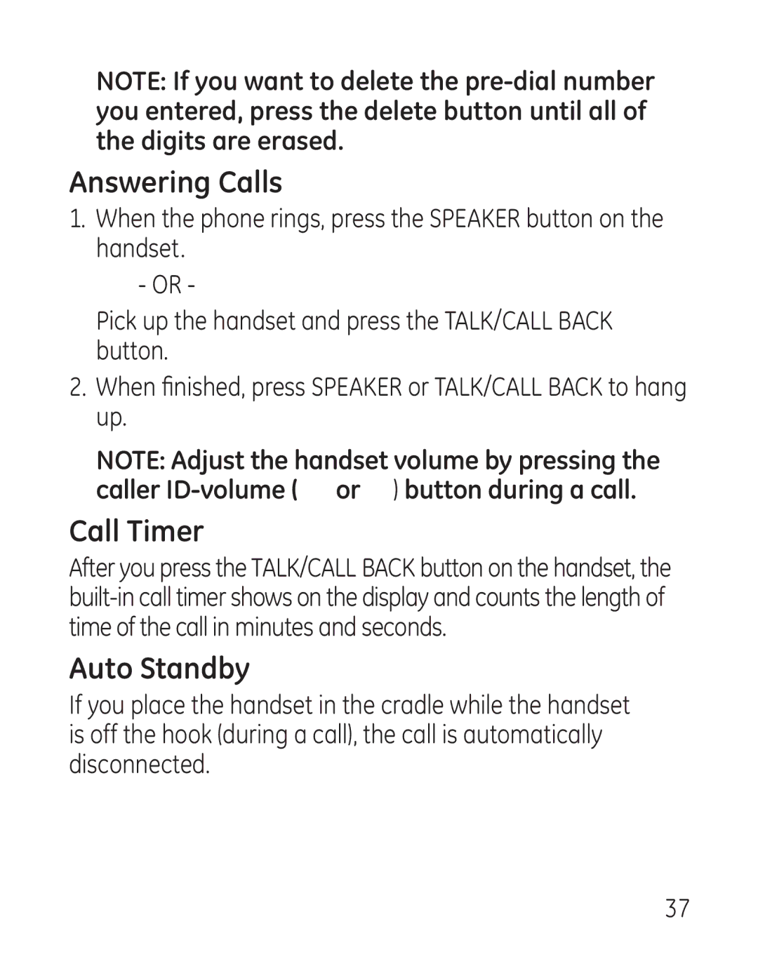 GE 29111 Series manual Answering Calls, Call Timer, Auto Standby 