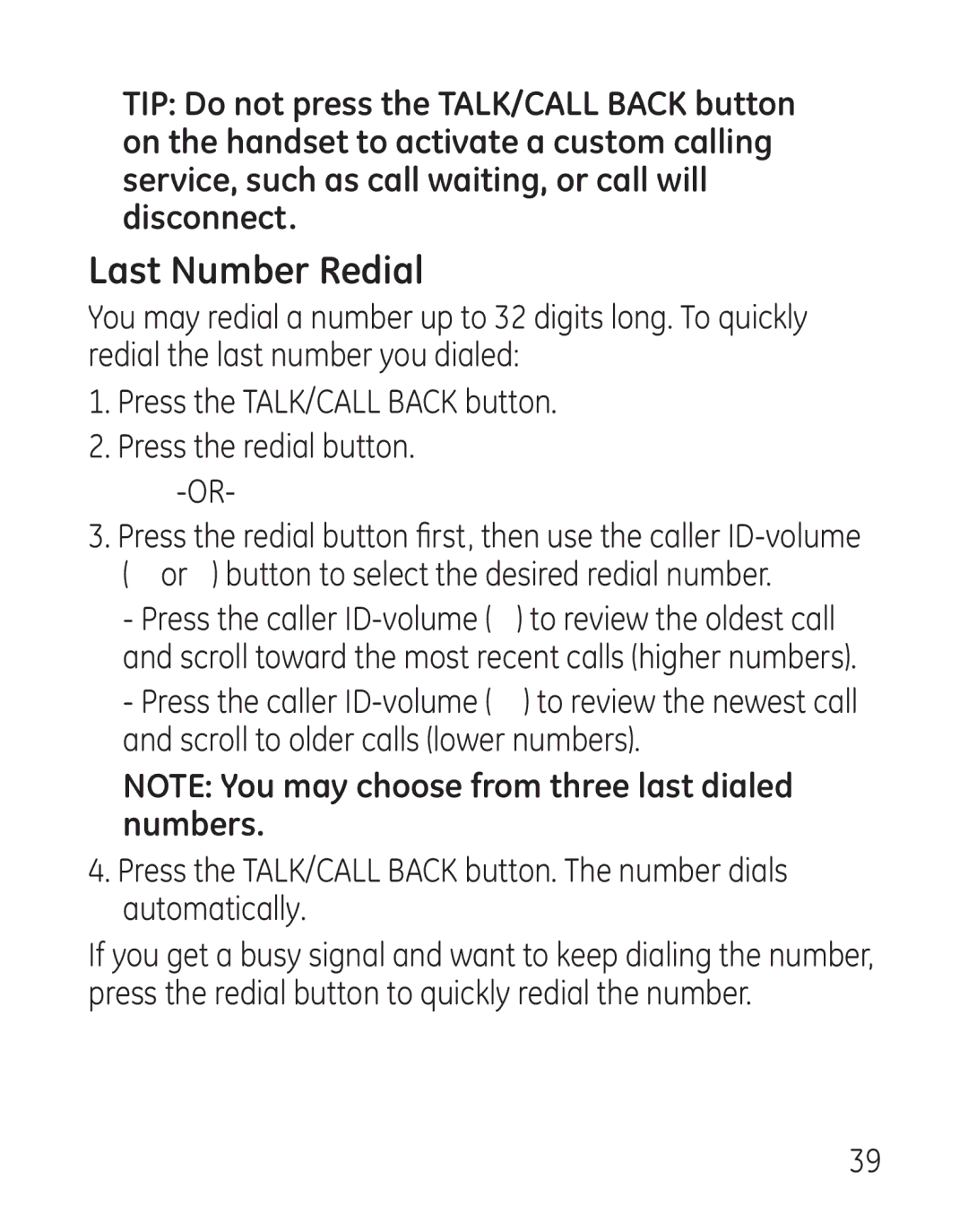 GE 29111 Series manual Last Number Redial 