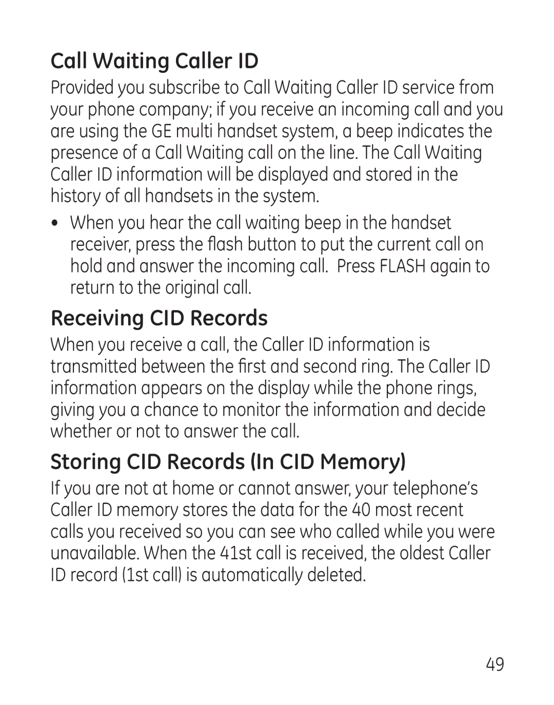 GE 29111 Series manual Call Waiting Caller ID, Receiving CID Records, Storing CID Records In CID Memory 