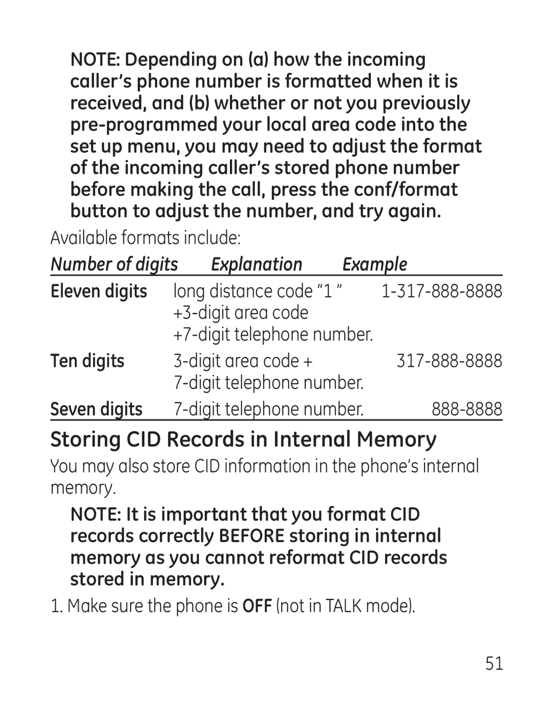 GE 29111 Series manual Storing CID Records in Internal Memory, Ten digits, Seven digits 