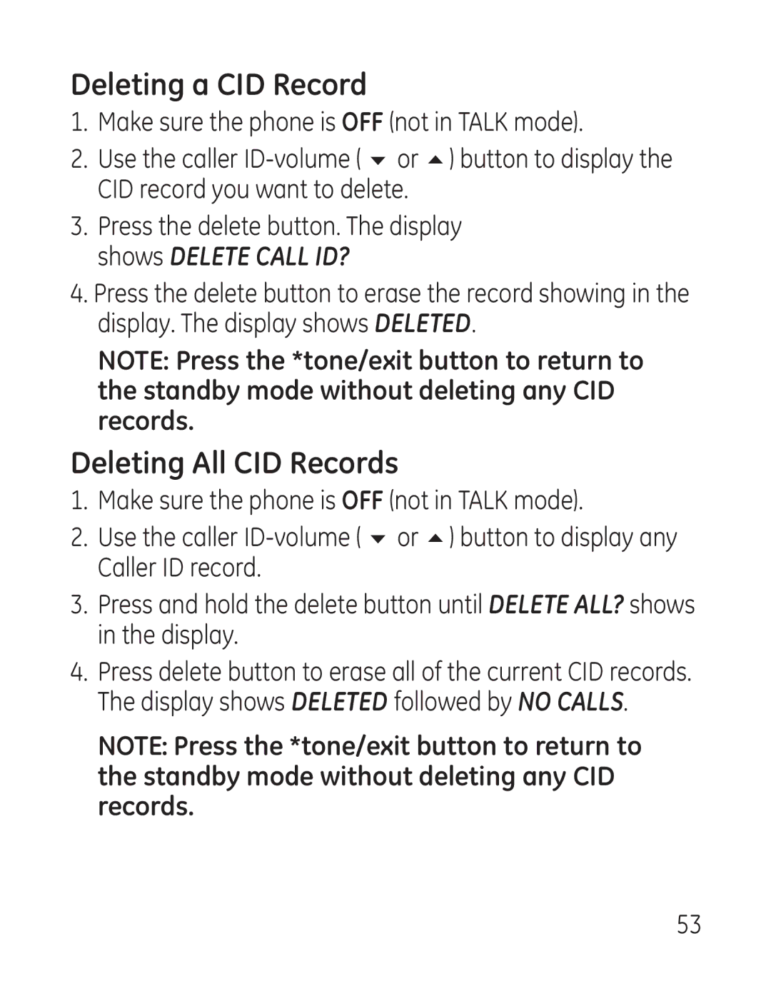 GE 29111 Series manual Deleting a CID Record, Deleting All CID Records 