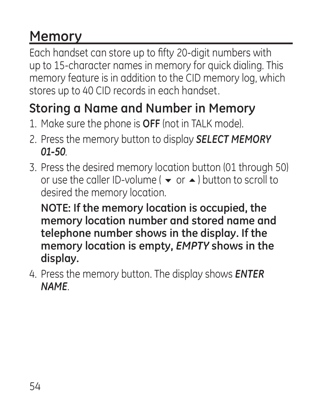 GE 29111 Series manual Storing a Name and Number in Memory 