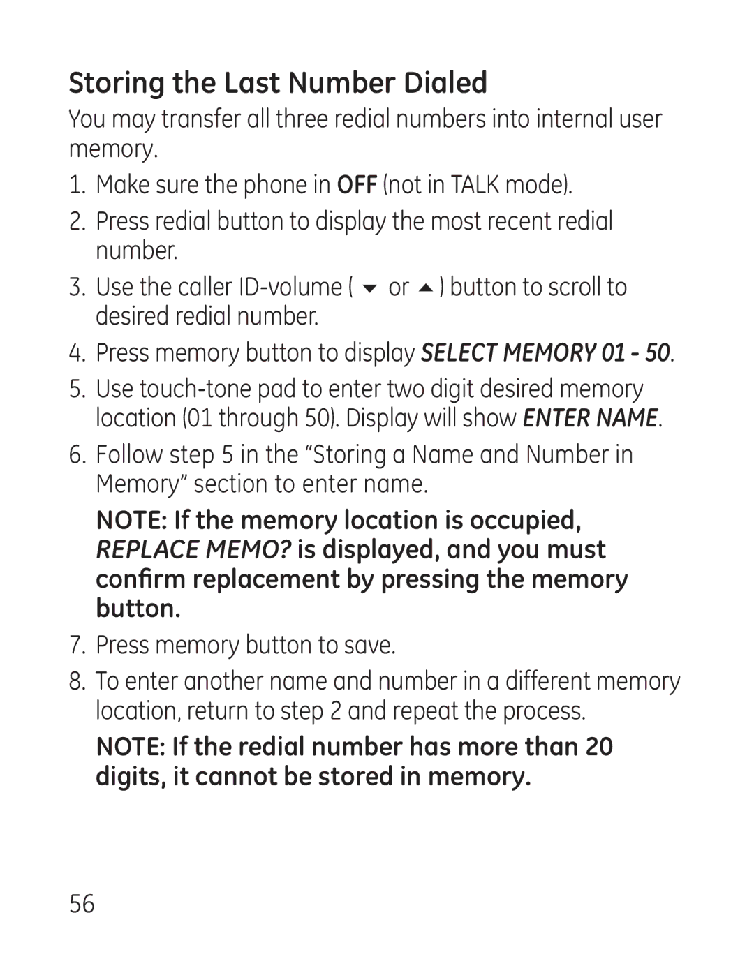 GE 29111 Series manual Storing the Last Number Dialed, Press memory button to display Select Memory 01 