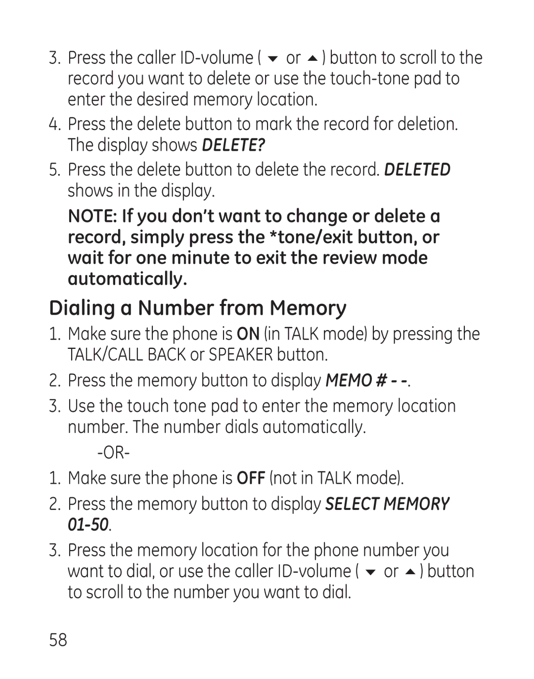 GE 29111 Series manual Dialing a Number from Memory, Press the memory button to display Memo # 