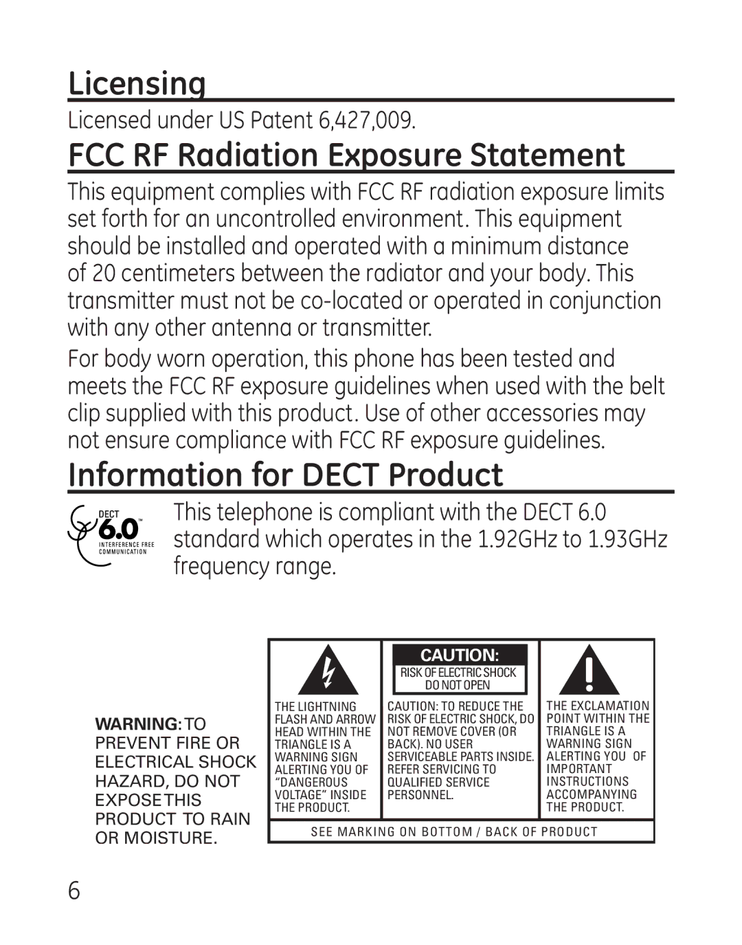 GE 29111 Series manual Licensing, FCC RF Radiation Exposure Statement, Information for Dect Product 