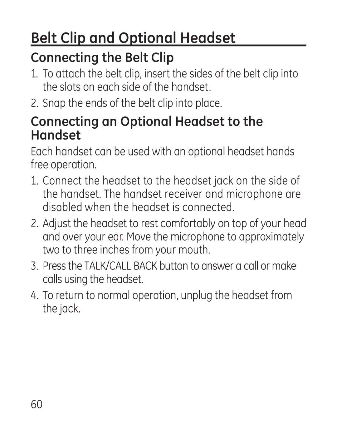 GE 29111 Series Belt Clip and Optional Headset, Connecting the Belt Clip, Connecting an Optional Headset to the Handset 