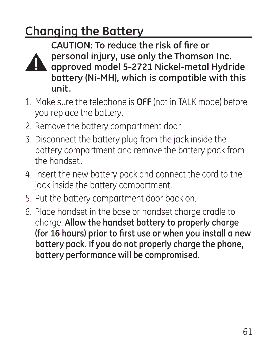 GE 29111 Series manual Changing the Battery 