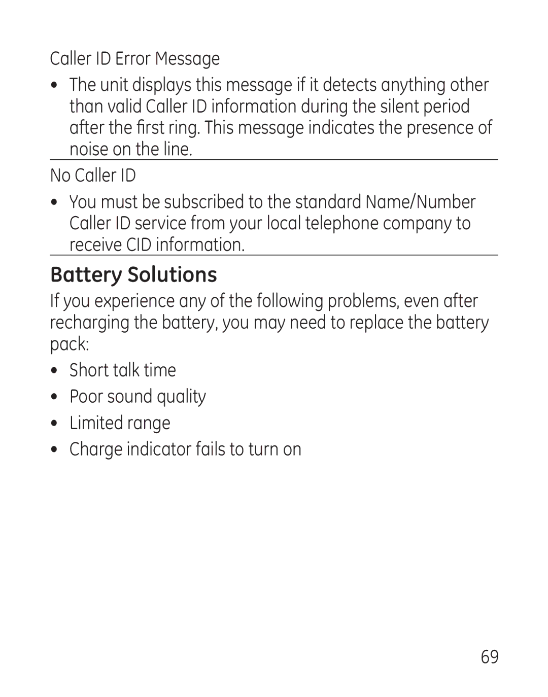 GE 29111 Series manual Battery Solutions, Caller ID Error Message 