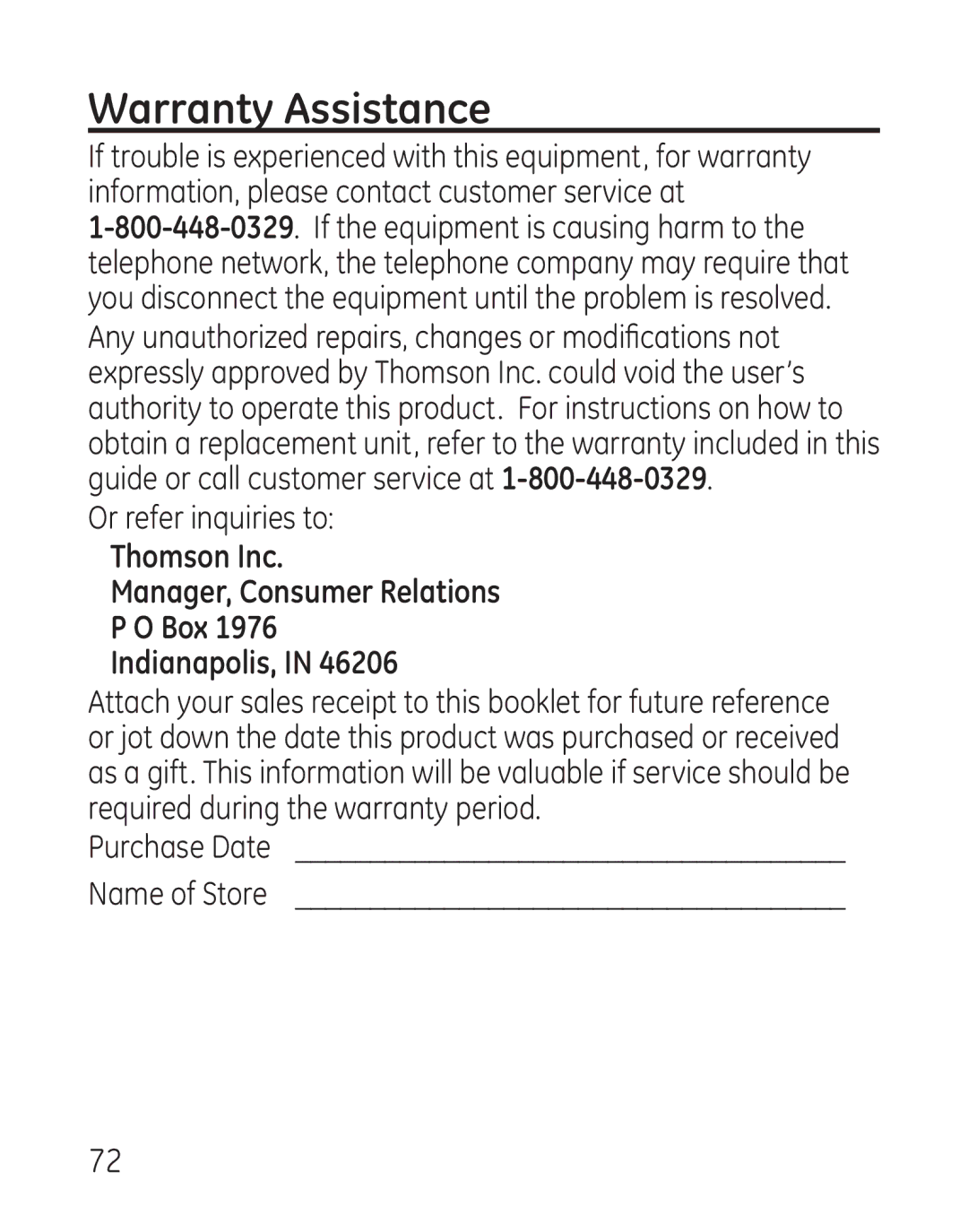 GE 29111 Series manual Warranty Assistance, Thomson Inc Manager, Consumer Relations Box Indianapolis 