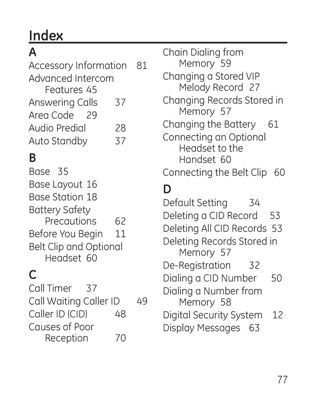 GE 29111 Series manual Index 