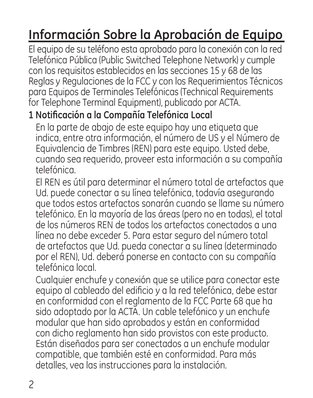 GE 29111 Series manual Información Sobre la Aprobación de Equipo, Notificación a la Compañía Telefónica Local 