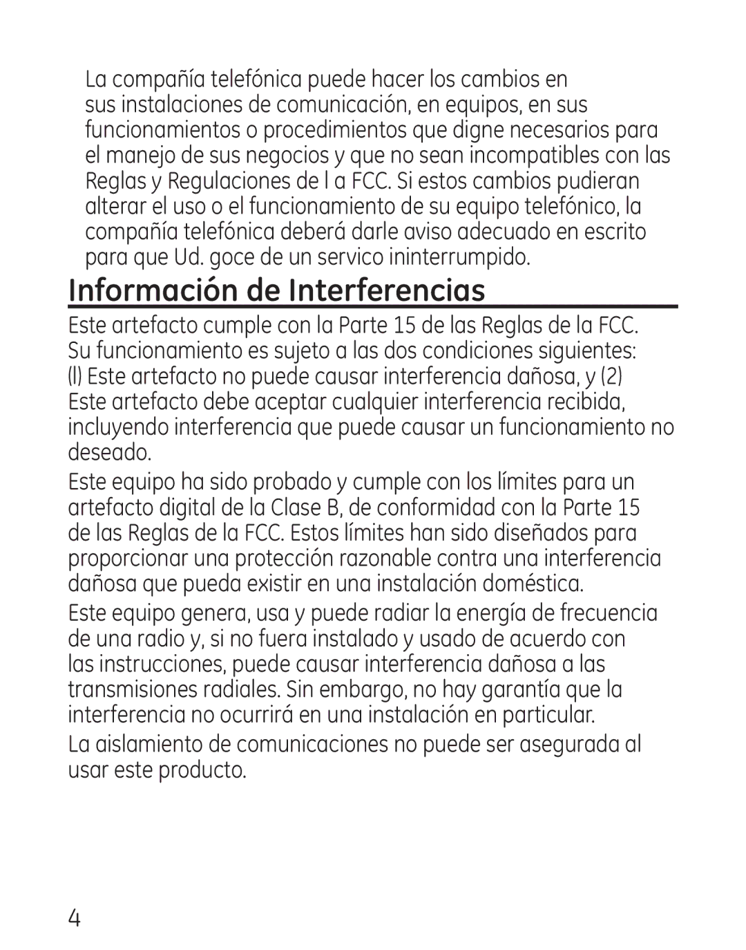 GE 29111 Series manual Información de Interferencias 