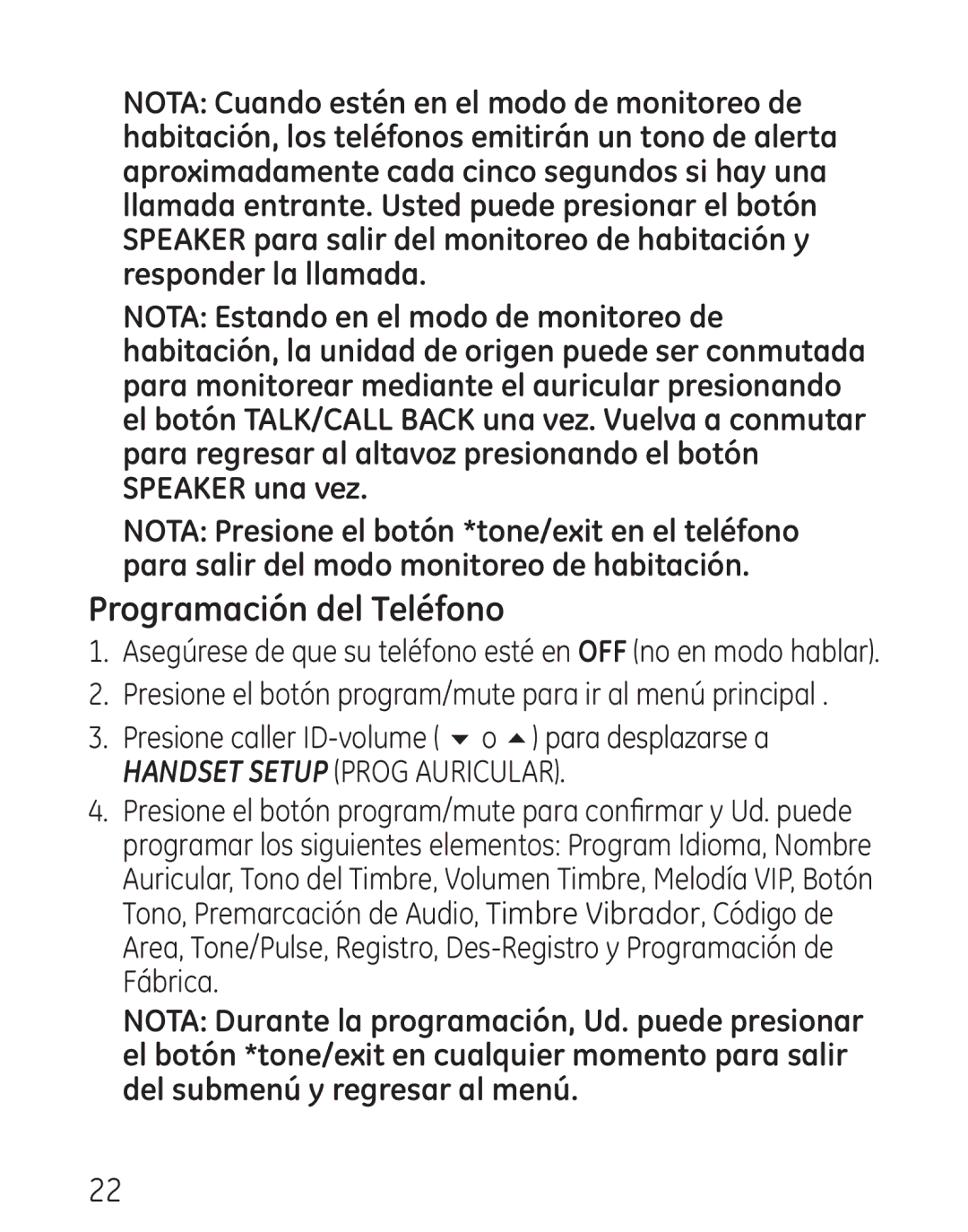 GE 29111 manual Programación del Teléfono, Handset Setup Prog Auricular 