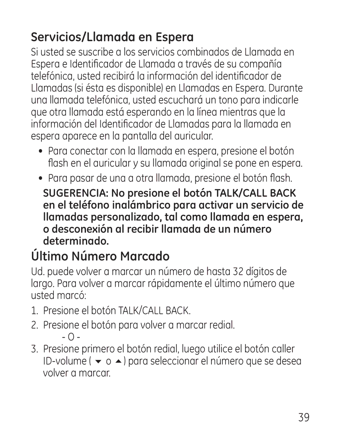 GE 29111 manual Servicios/Llamada en Espera, Último Número Marcado 