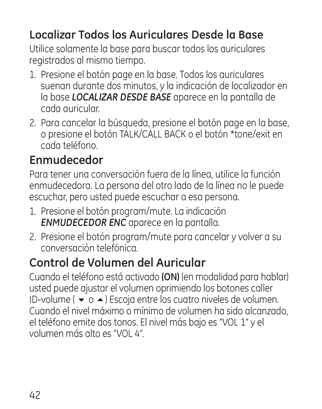 GE 29111 manual Enmudecedor, Control de Volumen del Auricular, Localizar Todos los Auriculares Desde la Base 