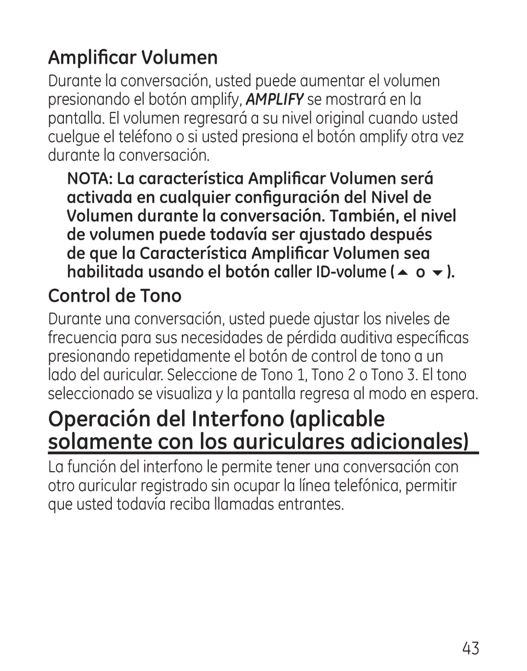 GE 29111 manual Amplificar Volumen, Control de Tono 