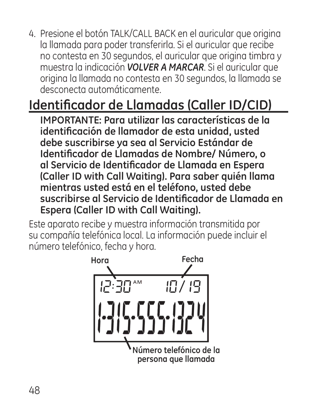 GE 29111 manual Identificador de Llamadas Caller ID/CID 