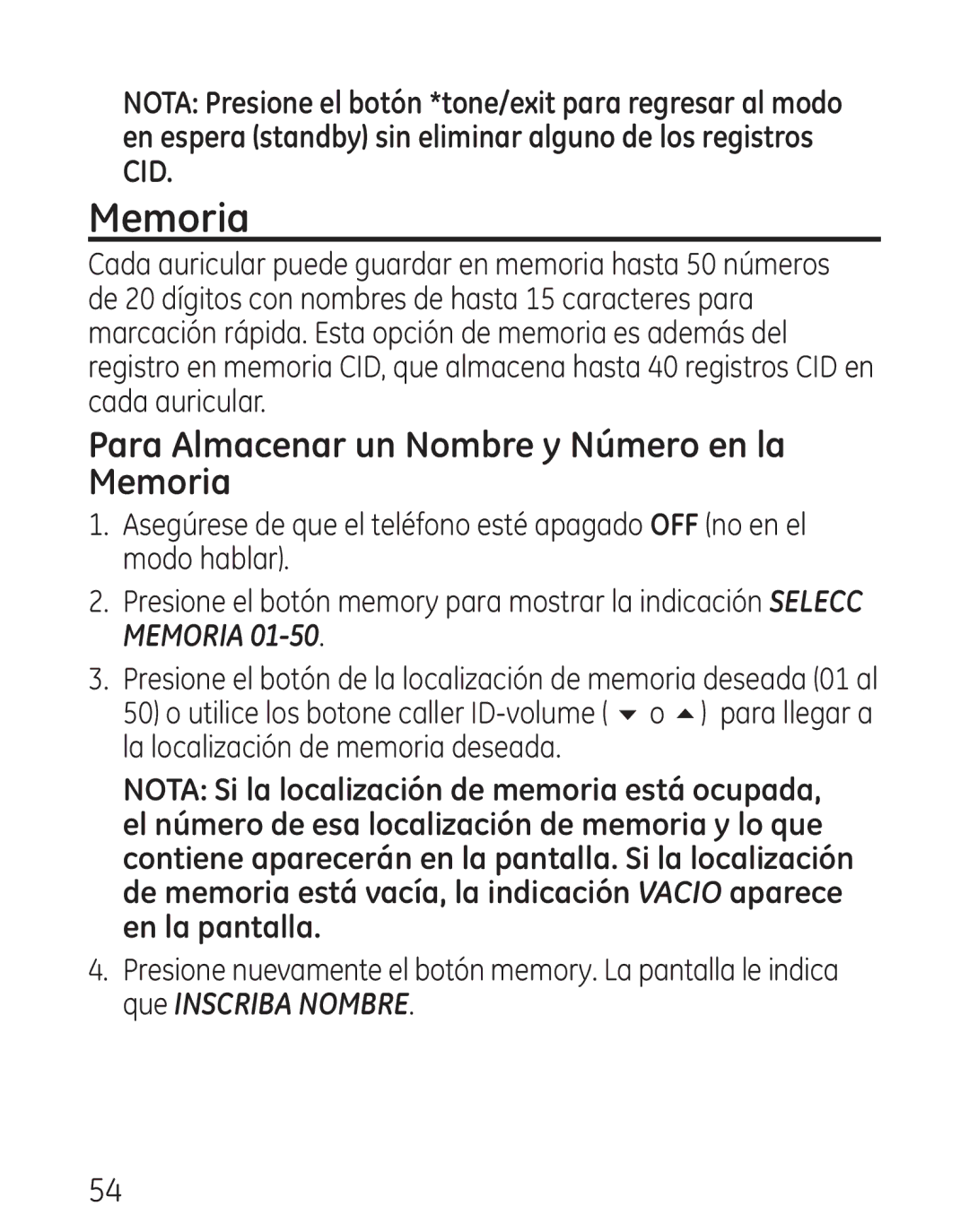 GE 29111 manual Para Almacenar un Nombre y Número en la Memoria 