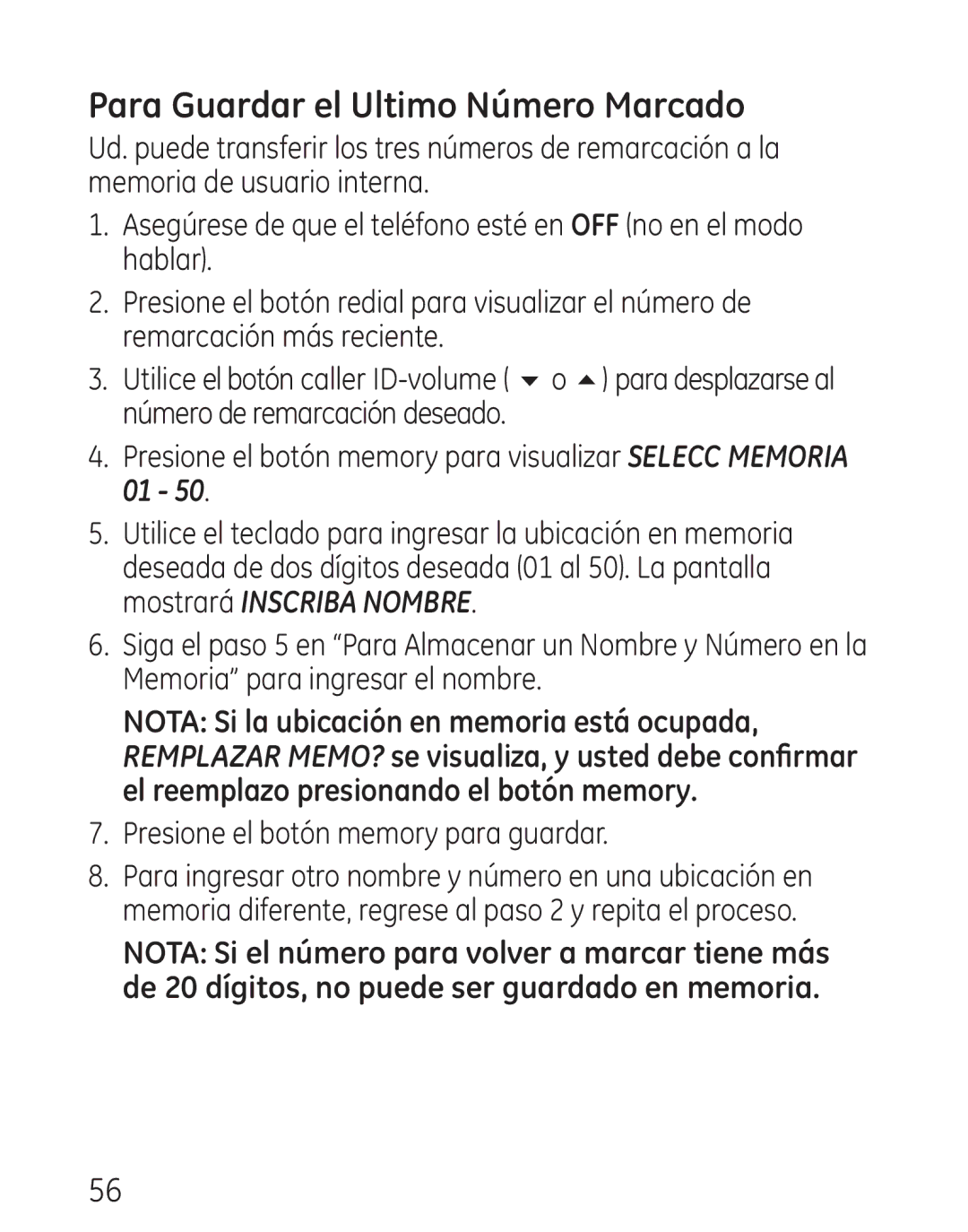 GE 29111 manual Para Guardar el Ultimo Número Marcado, Presione el botón memory para guardar 