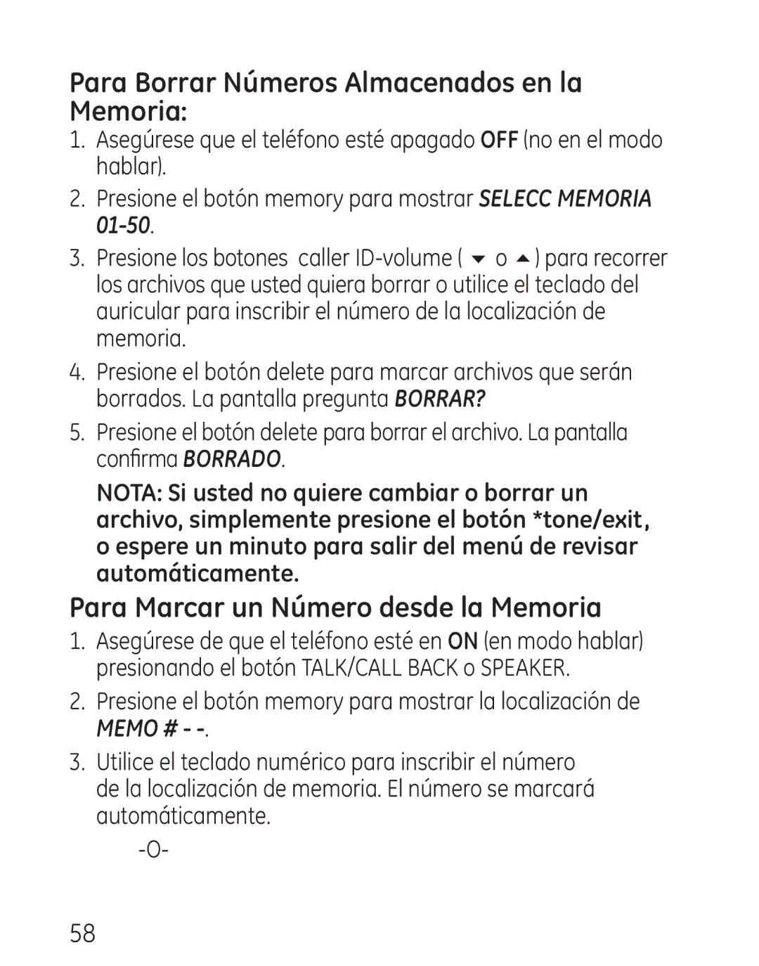 GE 29111 manual Para Borrar Números Almacenados en la Memoria, Para Marcar un Número desde la Memoria 