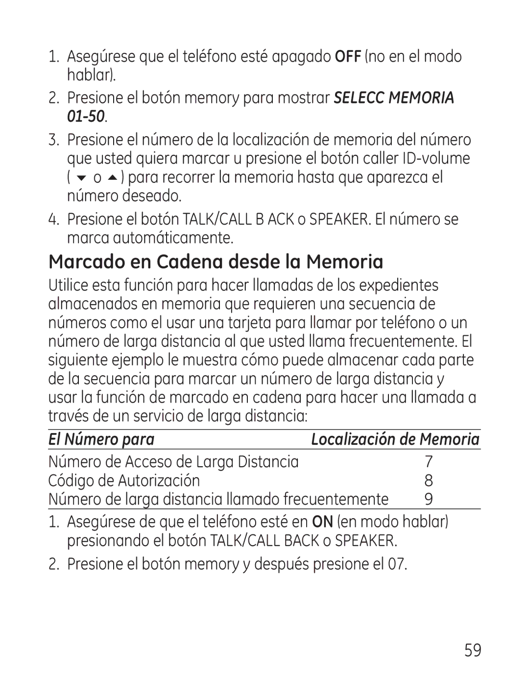 GE 29111 manual Marcado en Cadena desde la Memoria, El Número para 