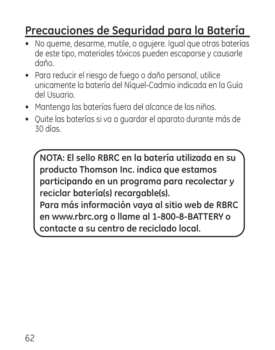 GE 29111 manual Precauciones de Seguridad para la Batería 