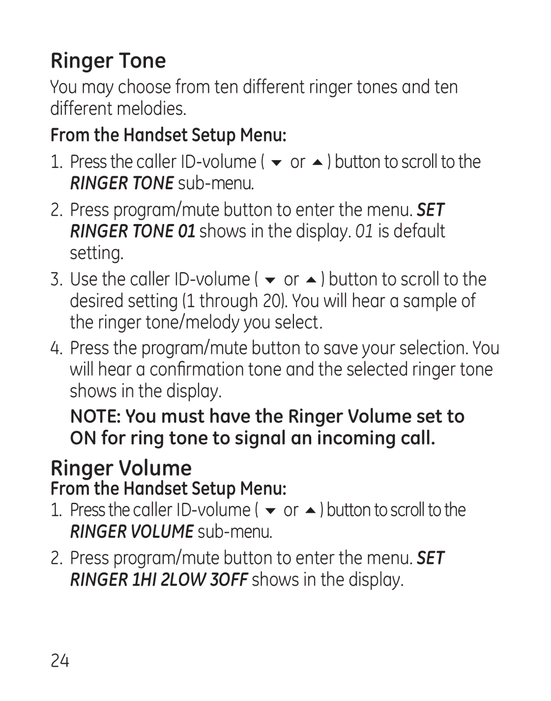 GE 29111 manual Ringer Tone, Ringer Volume 