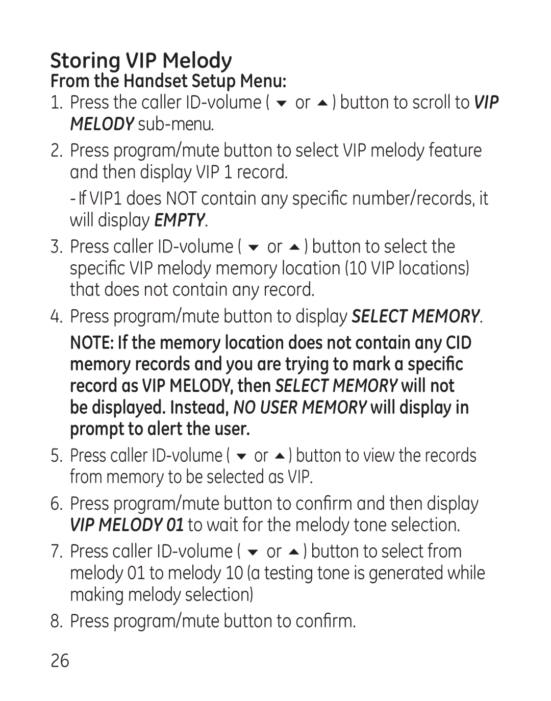 GE 29111 manual Storing VIP Melody 