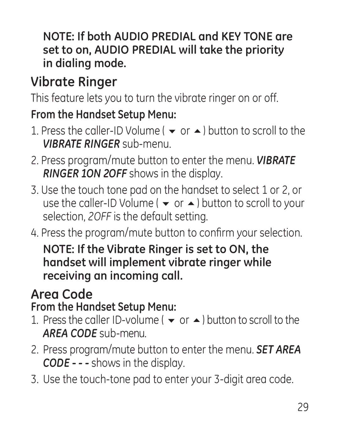 GE 29111 manual Vibrate Ringer, Area Code 