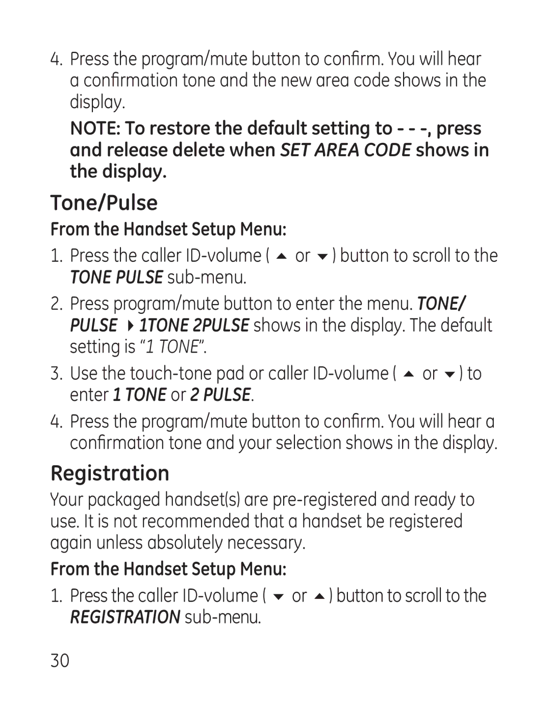 GE 29111 manual Tone/Pulse, Registration 