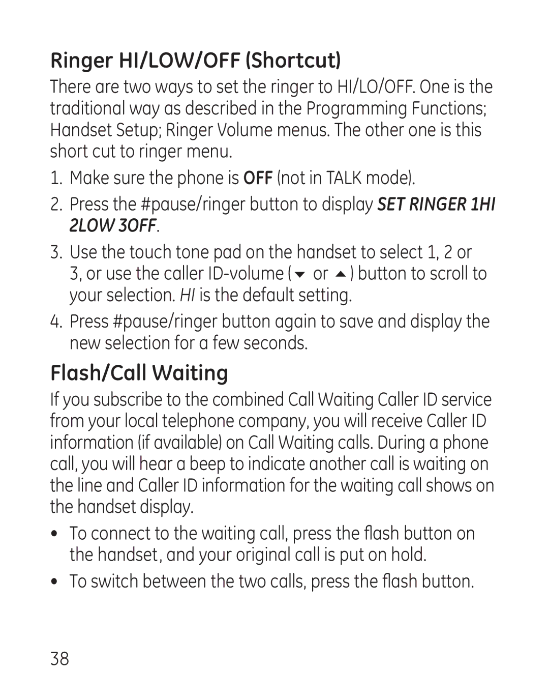 GE 29111 manual Ringer HI/LOW/OFF Shortcut, Flash/Call Waiting 