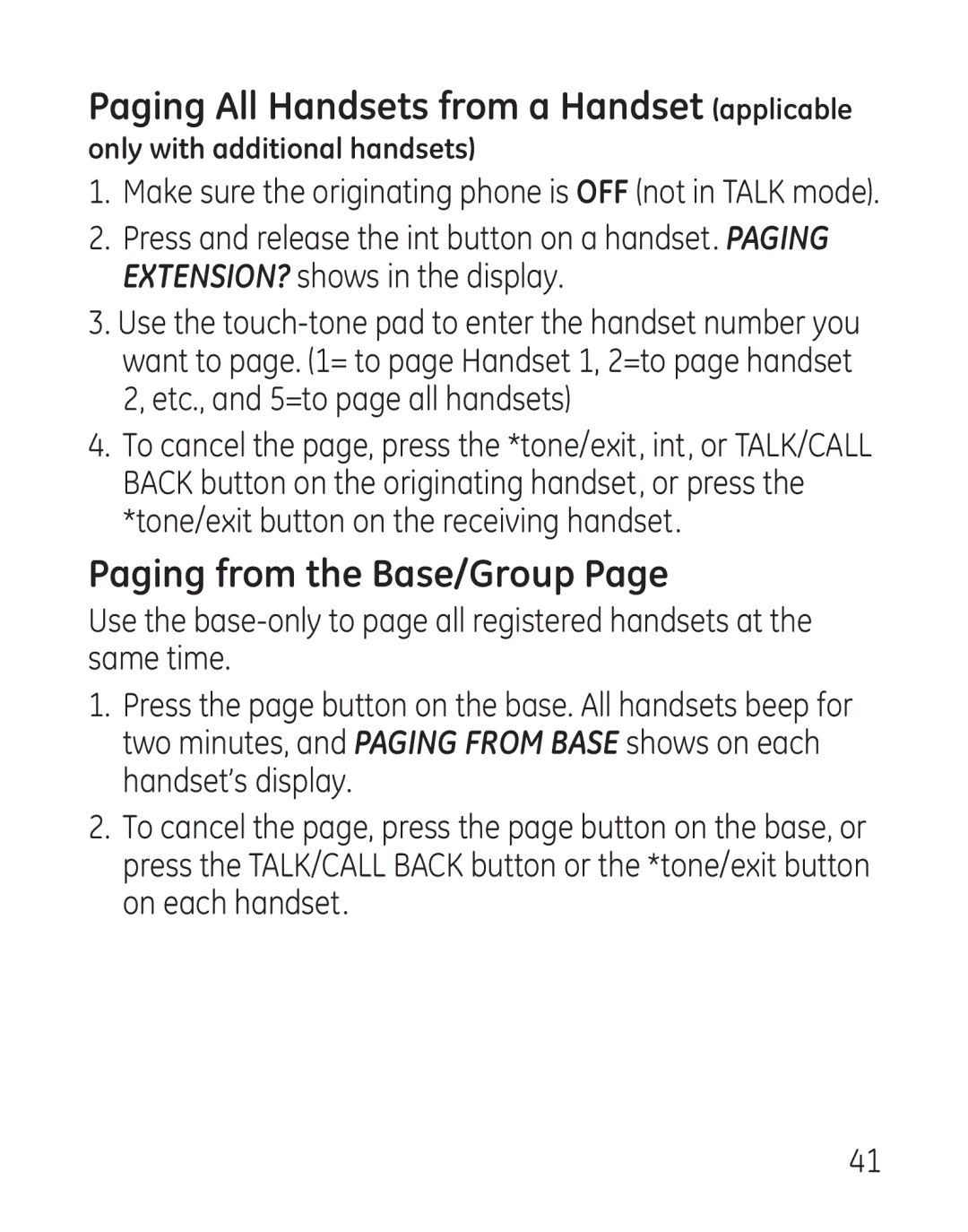 GE 29111 manual Paging All Handsets from a Handset applicable, Paging from the Base/Group 