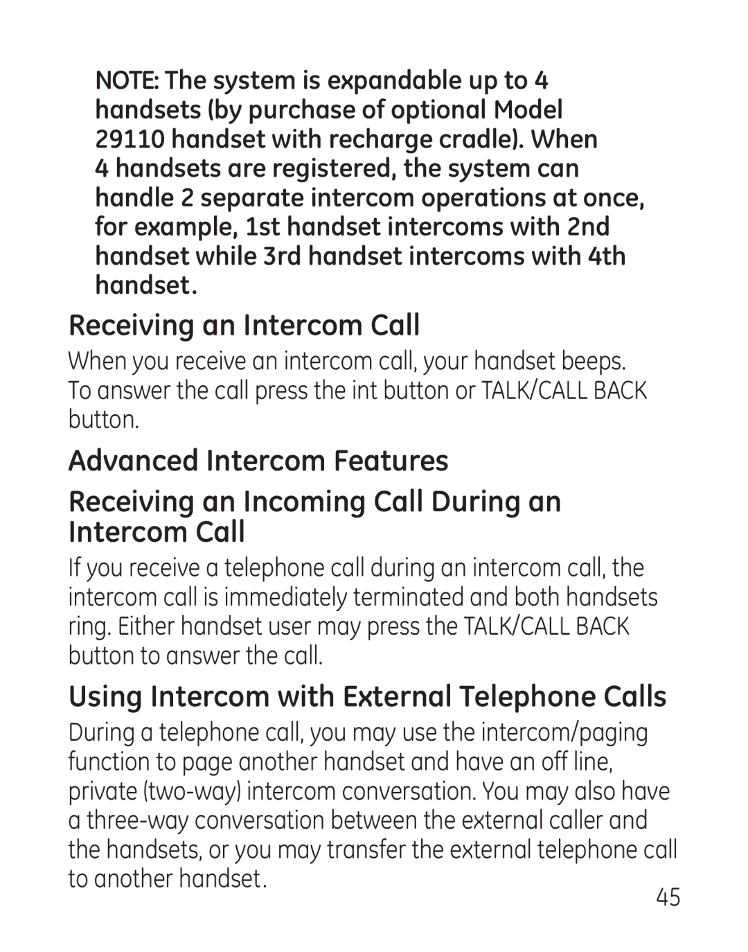 GE 29111 manual Receiving an Intercom Call, Using Intercom with External Telephone Calls 