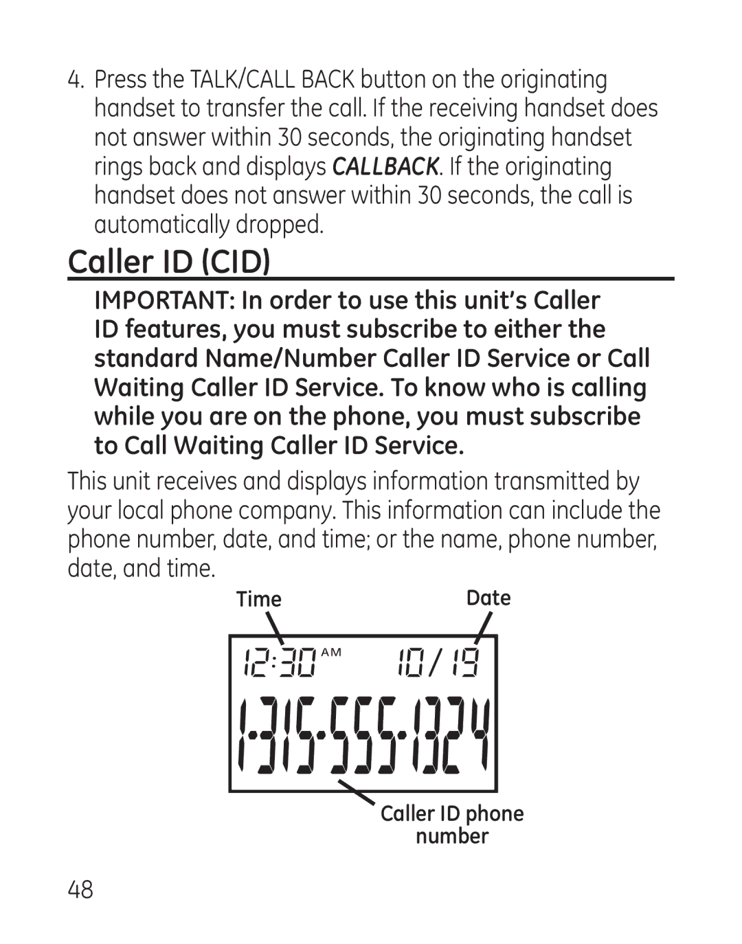 GE 29111 manual Caller ID CID 