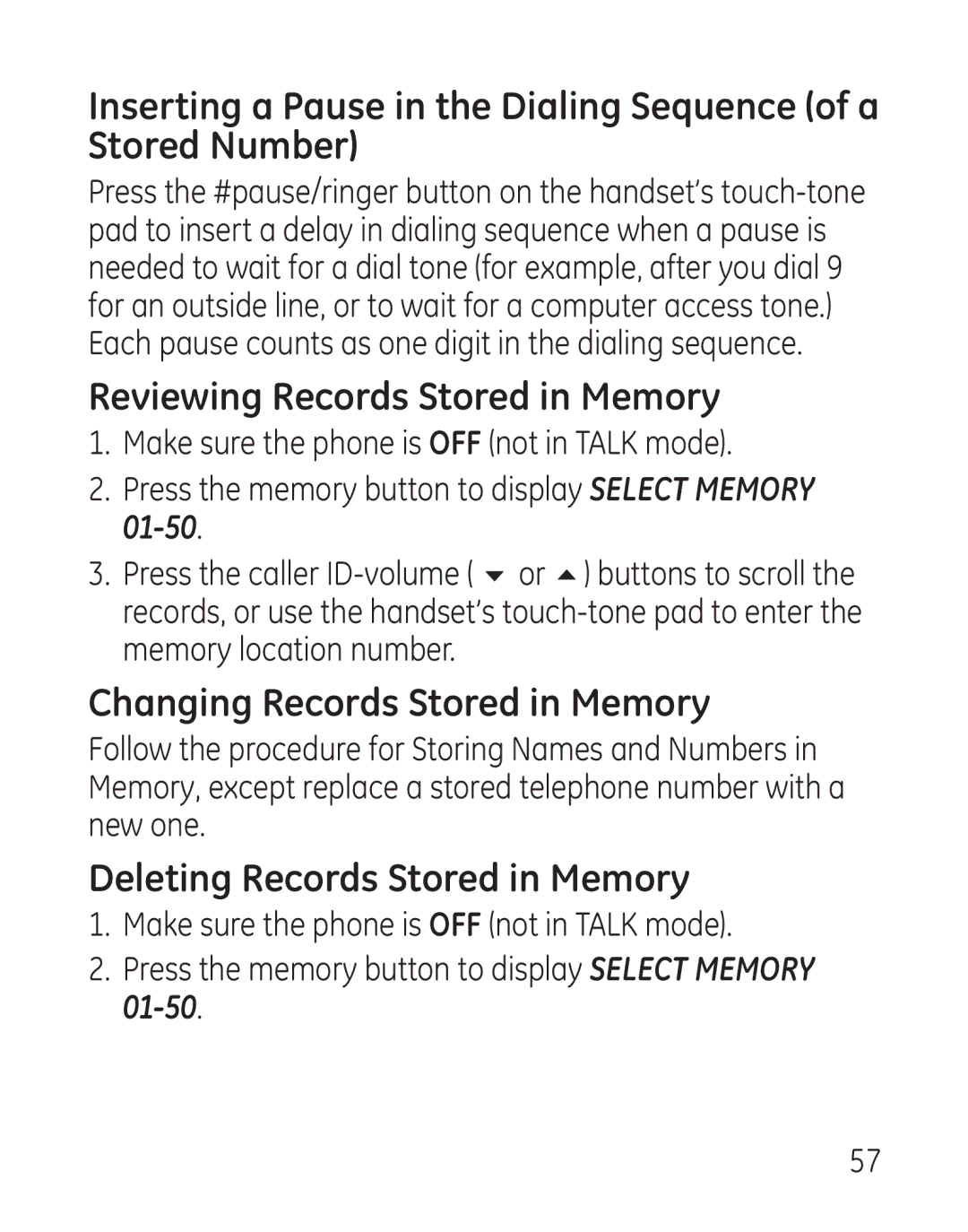 GE 29111 manual Reviewing Records Stored in Memory, Changing Records Stored in Memory, Deleting Records Stored in Memory 