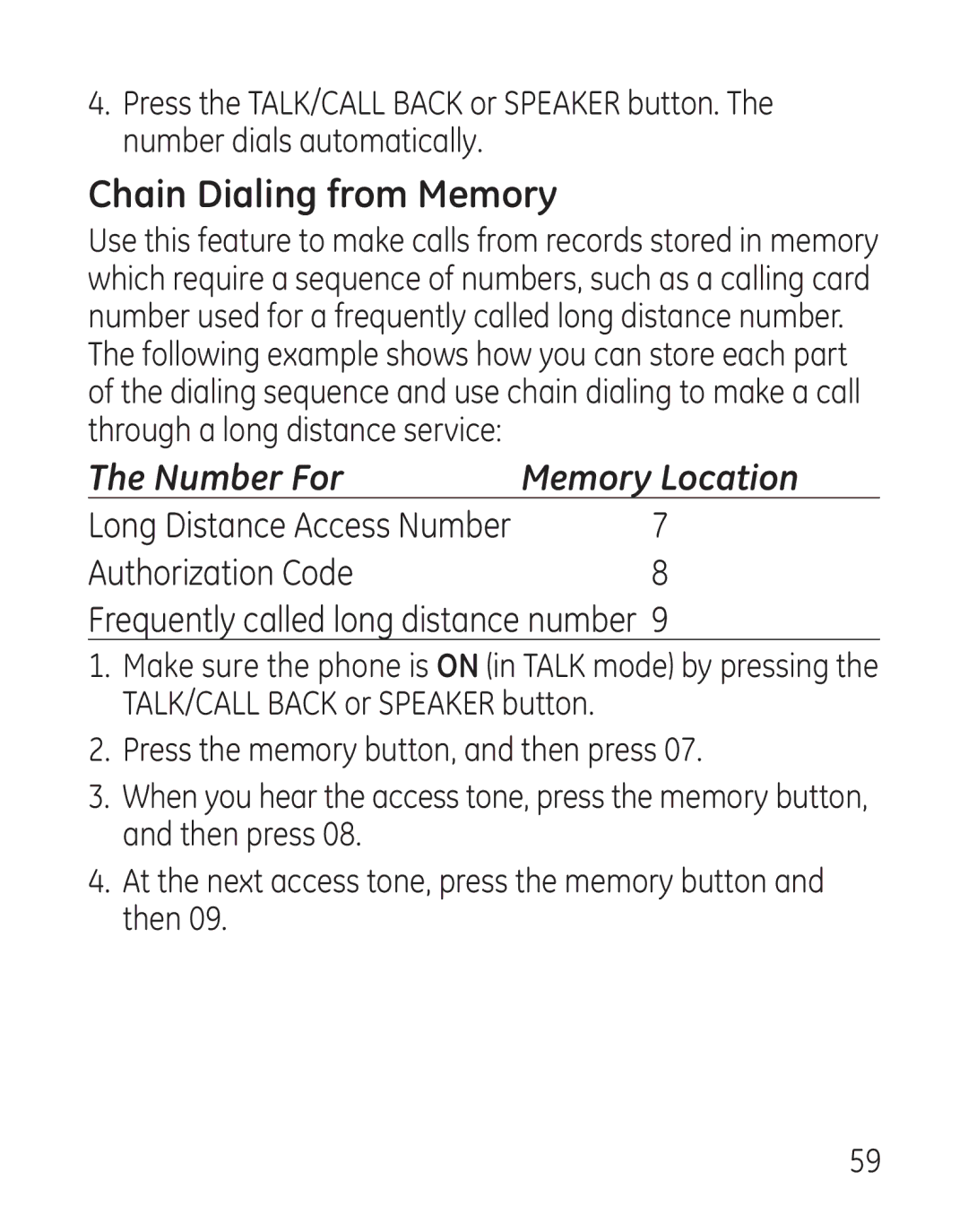 GE 29111 manual Chain Dialing from Memory, Number For 