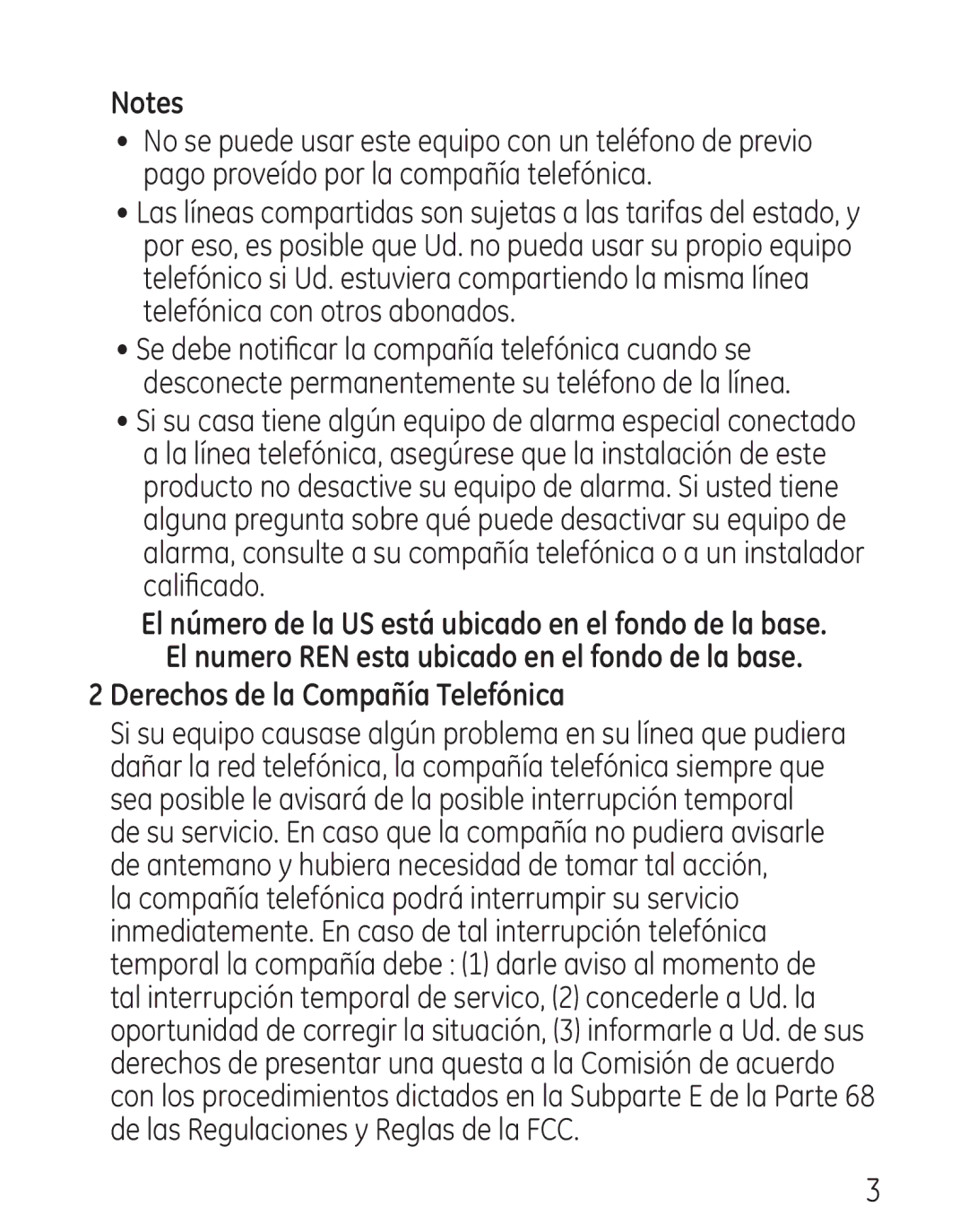 GE 29111 manual Derechos de la Compañía Telefónica 