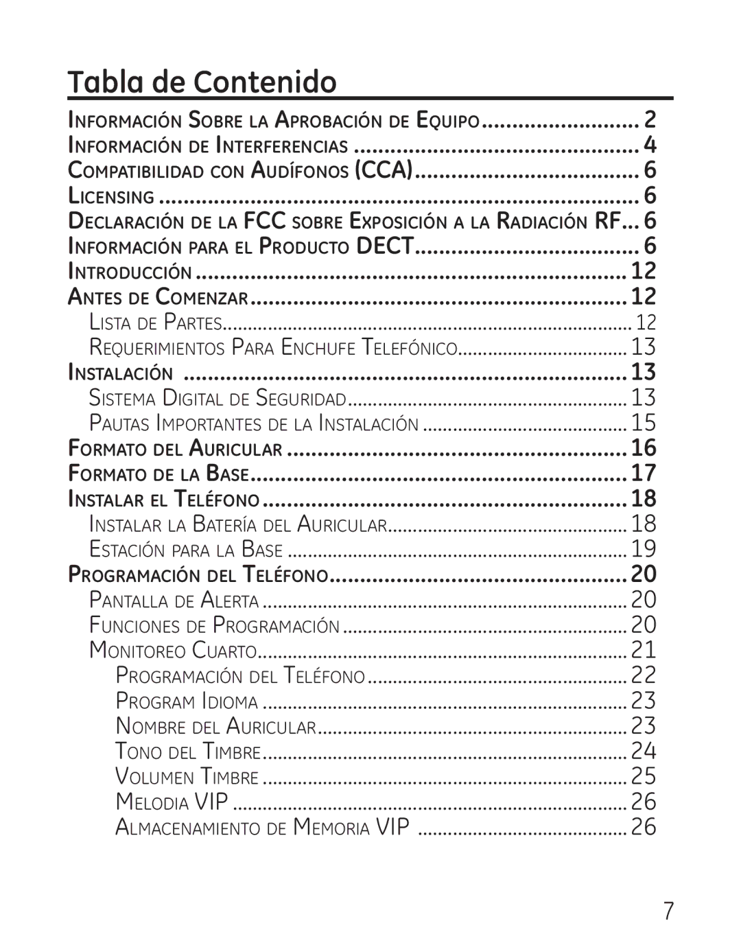 GE 29111 manual Tabla de Contenido, Programación del Teléfono 