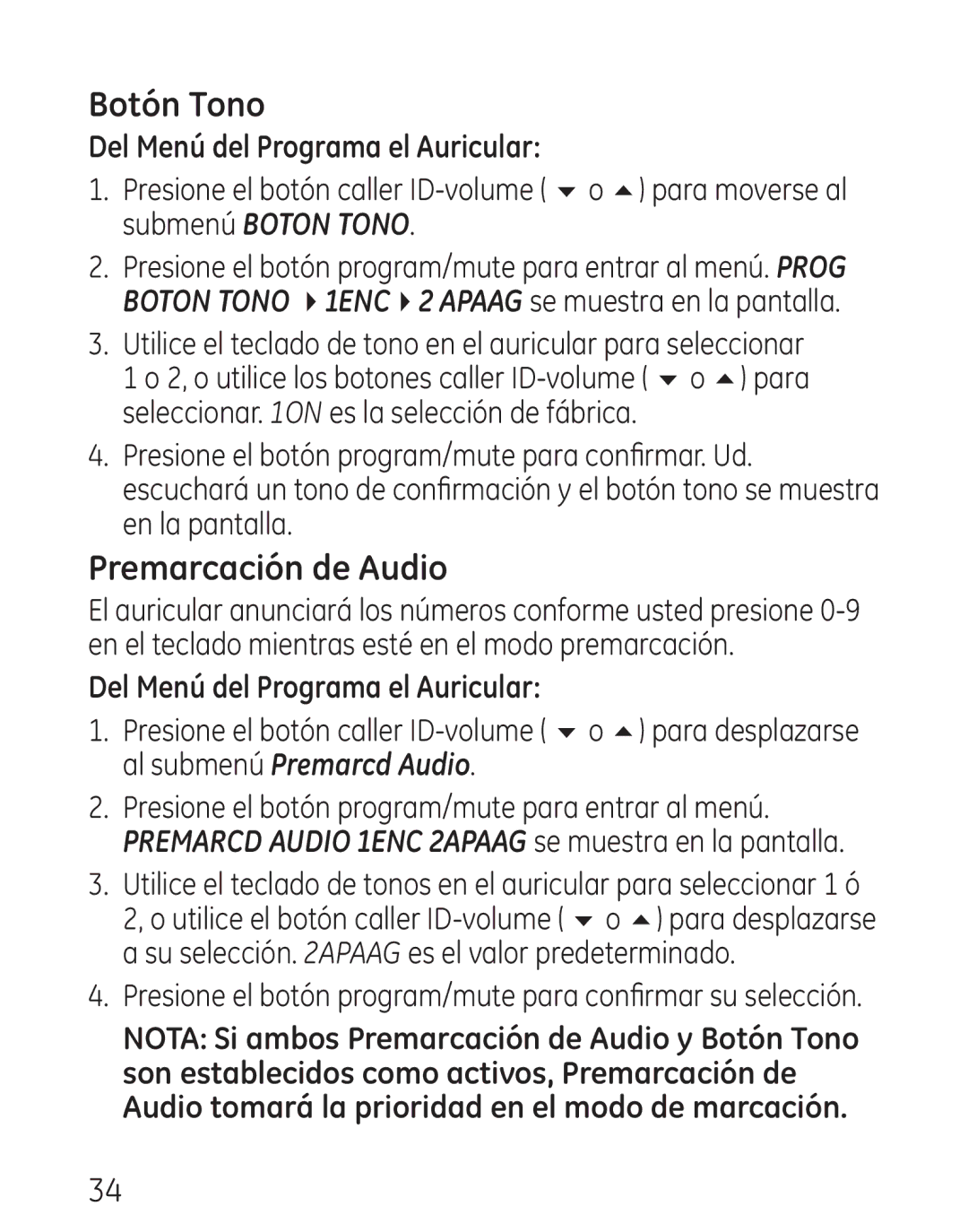 GE 29115 Series manual Botón Tono, Premarcación de Audio 