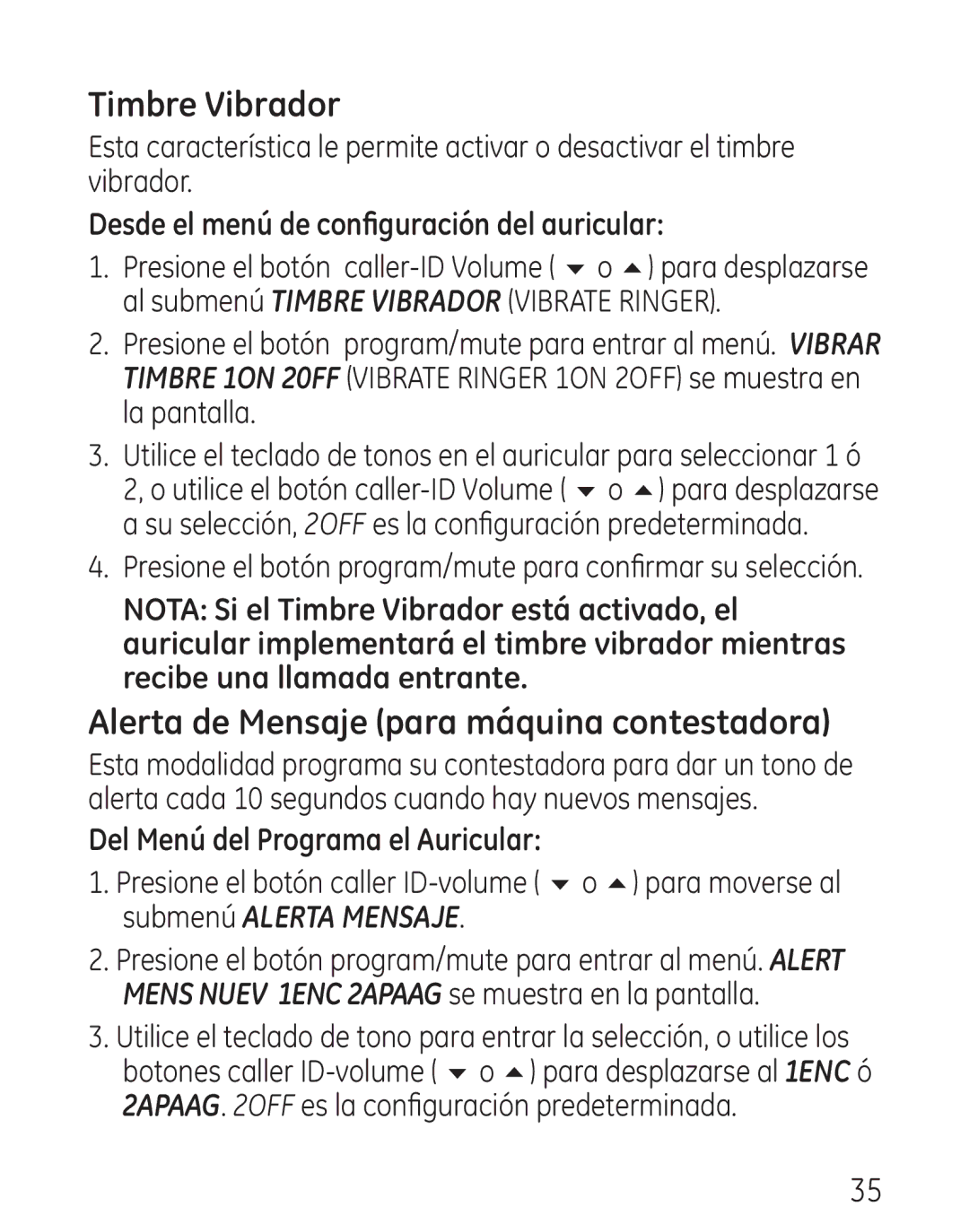 GE 29115 Series Timbre Vibrador, Alerta de Mensaje para máquina contestadora, Desde el menú de configuración del auricular 