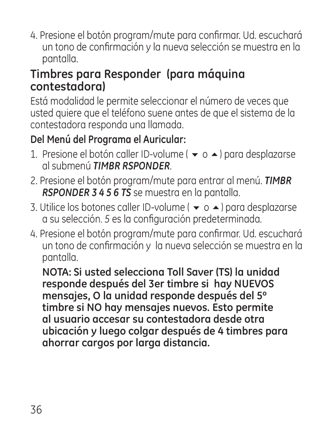 GE 29115 Series manual Timbres para Responder para máquina contestadora 