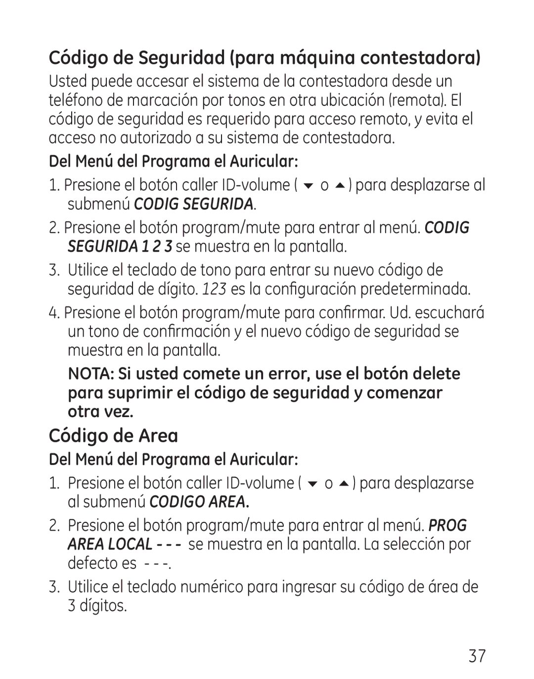 GE 29115 Series manual Código de Seguridad para máquina contestadora, Código de Area 