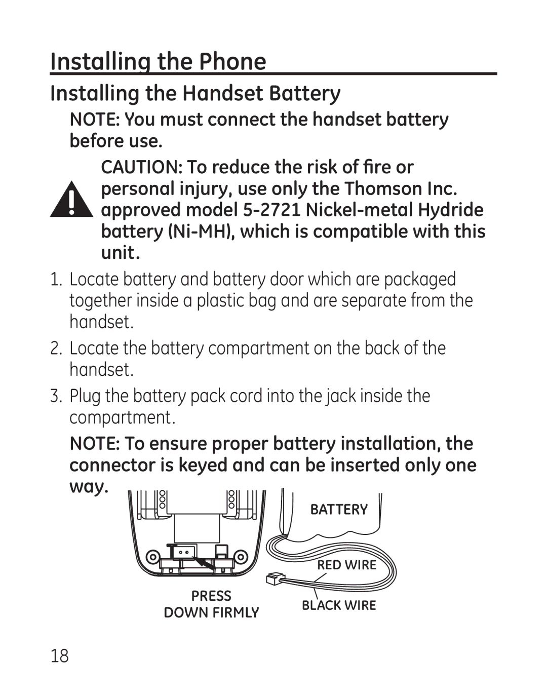 GE 29115 Series manual Installing the Phone, Installing the Handset Battery 